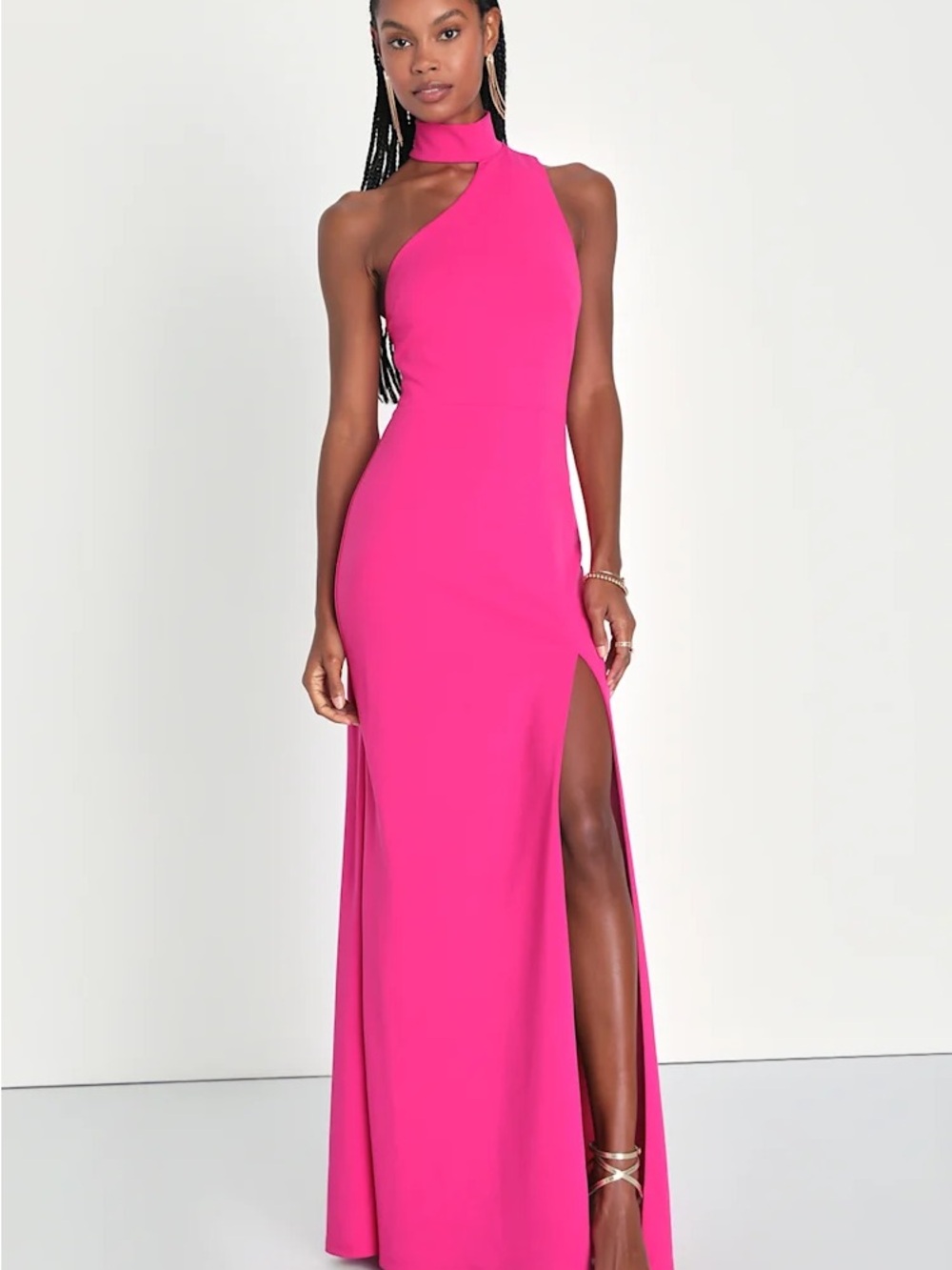 Lulu's Hot Pink One-Shoulder Maxi Gown with Thigh Slit